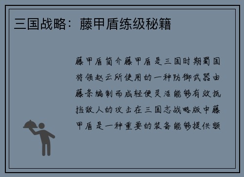 三国战略：藤甲盾练级秘籍